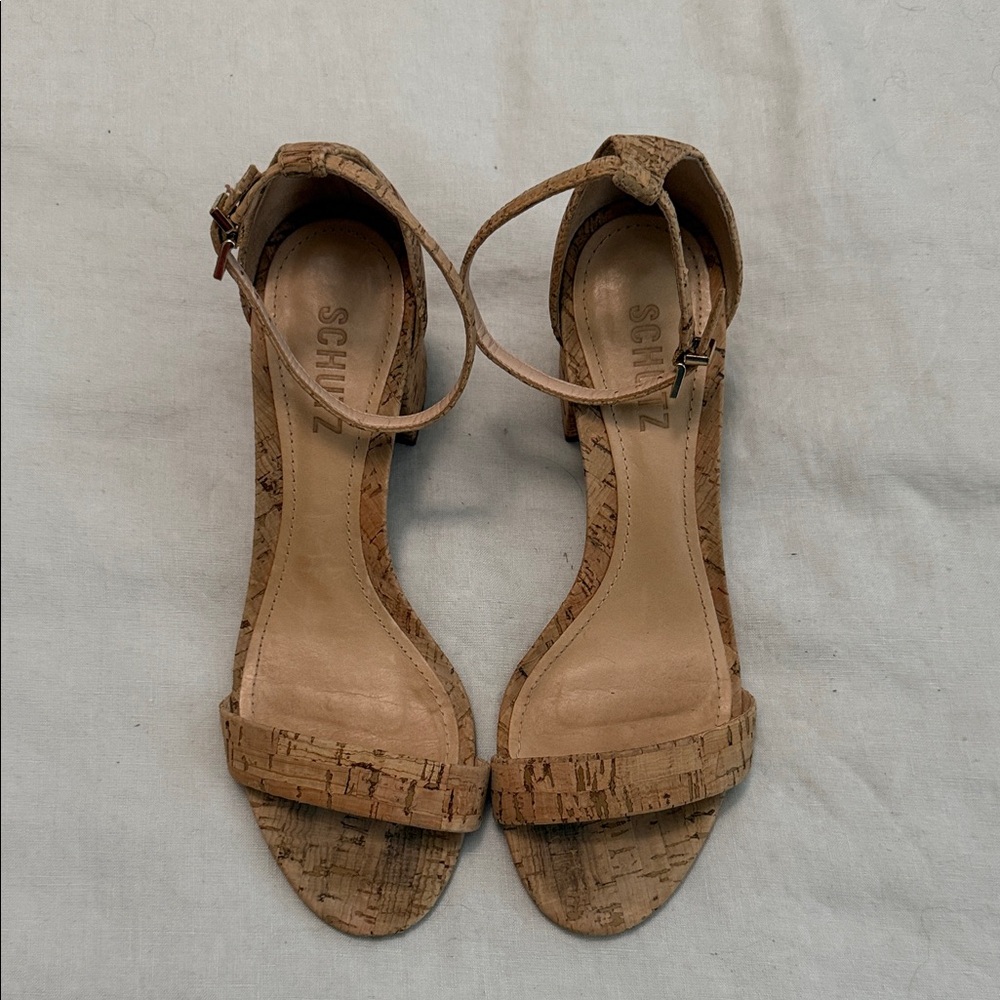 SCHUTZ Cork Ankle-Strap Heels in Tan